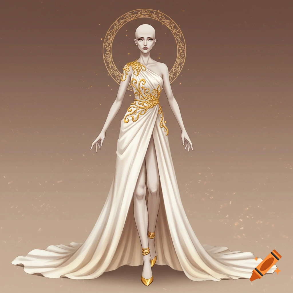 A figure in an elegant white and gold dress with a halo.