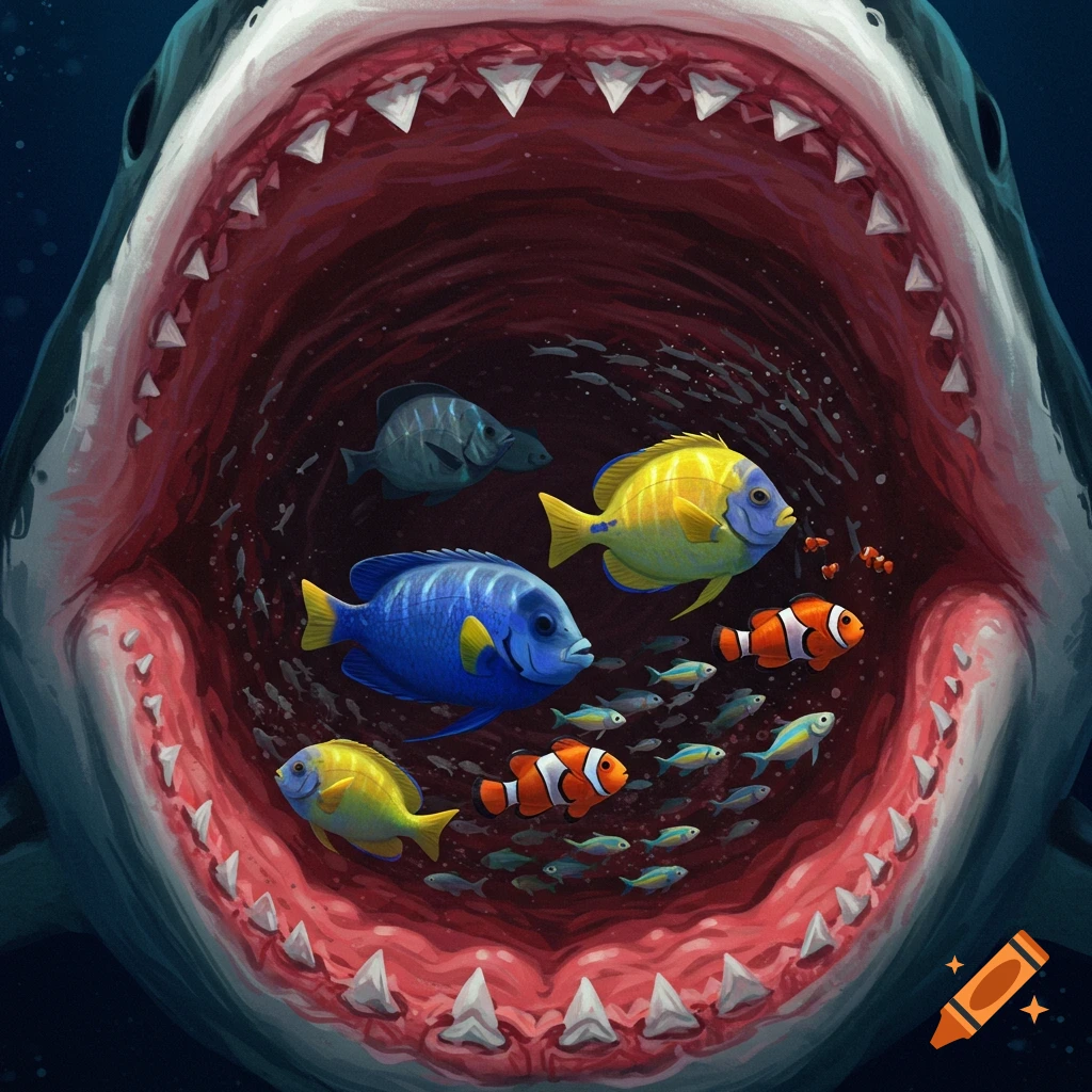 Colorful fish swimming inside the open mouth of a shark.