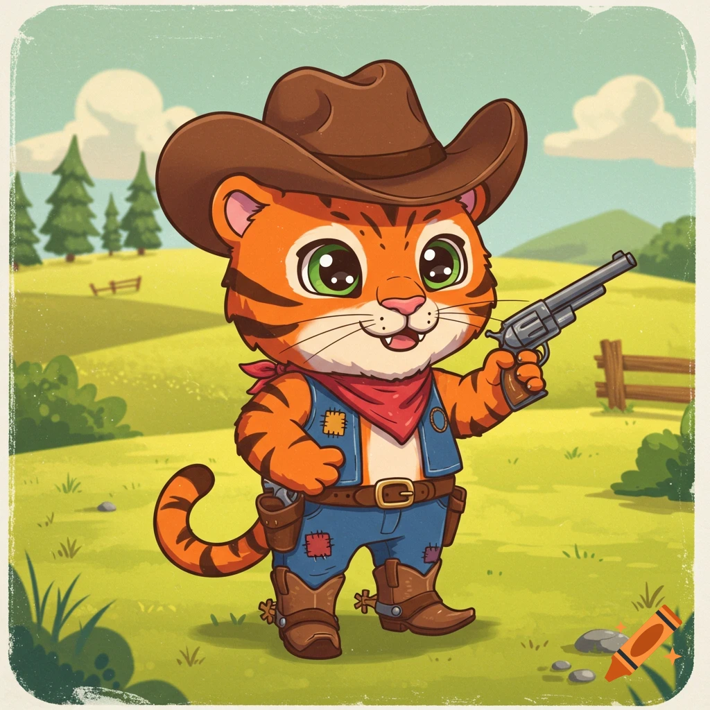 A cute cartoon tiger cub dressed as a cowboy holding a revolver in a field.