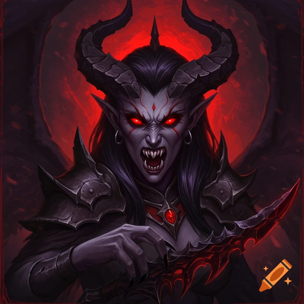 A fierce demon with horns, red eyes, fangs, and a dagger.