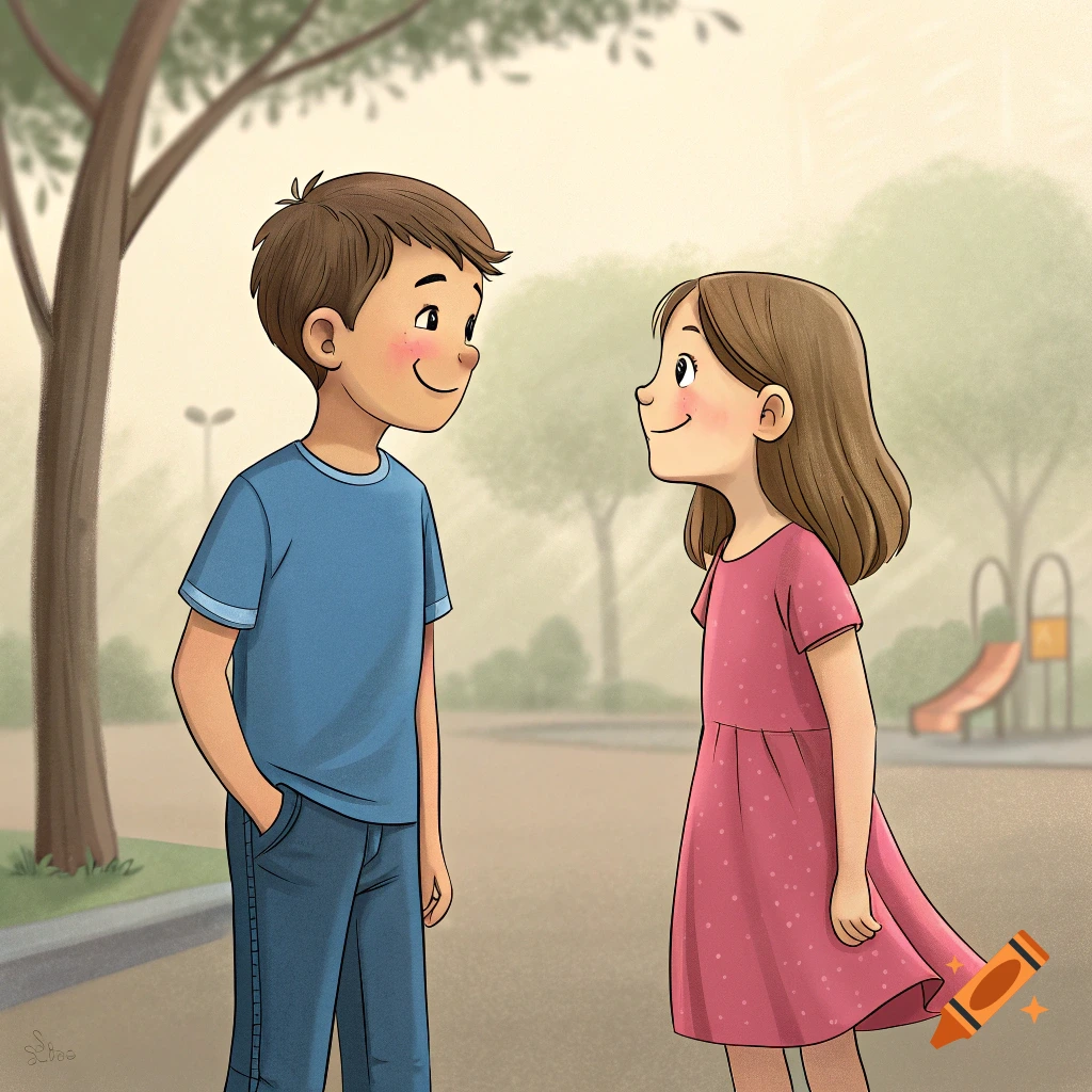 Illustration of a boy and girl looking at each other in a park.