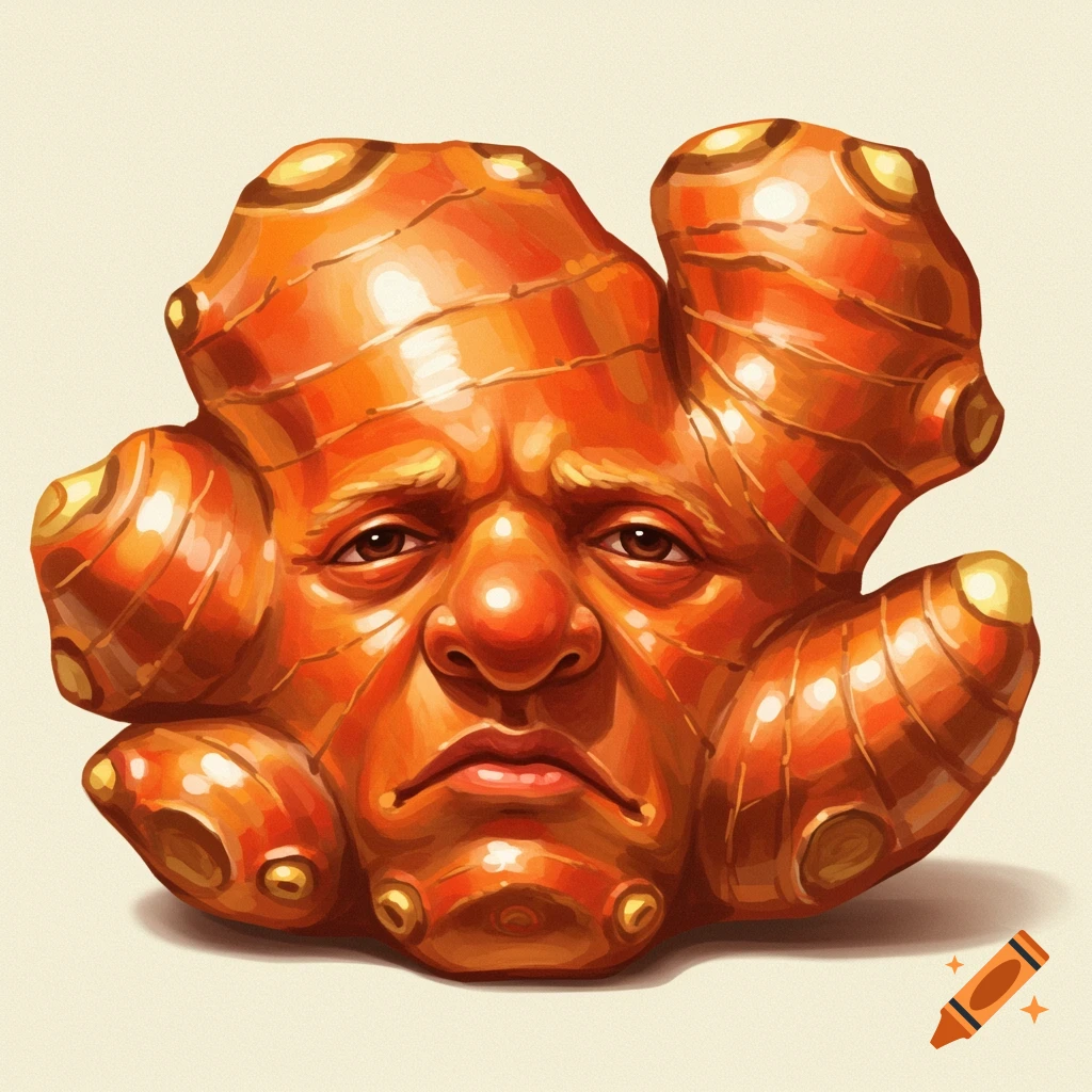 A sad human face formed from a ginger root.