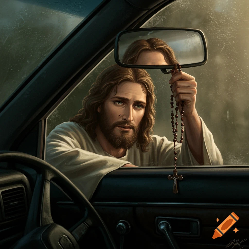 Jesus in a car, holding a rosary near the rear-view mirror.