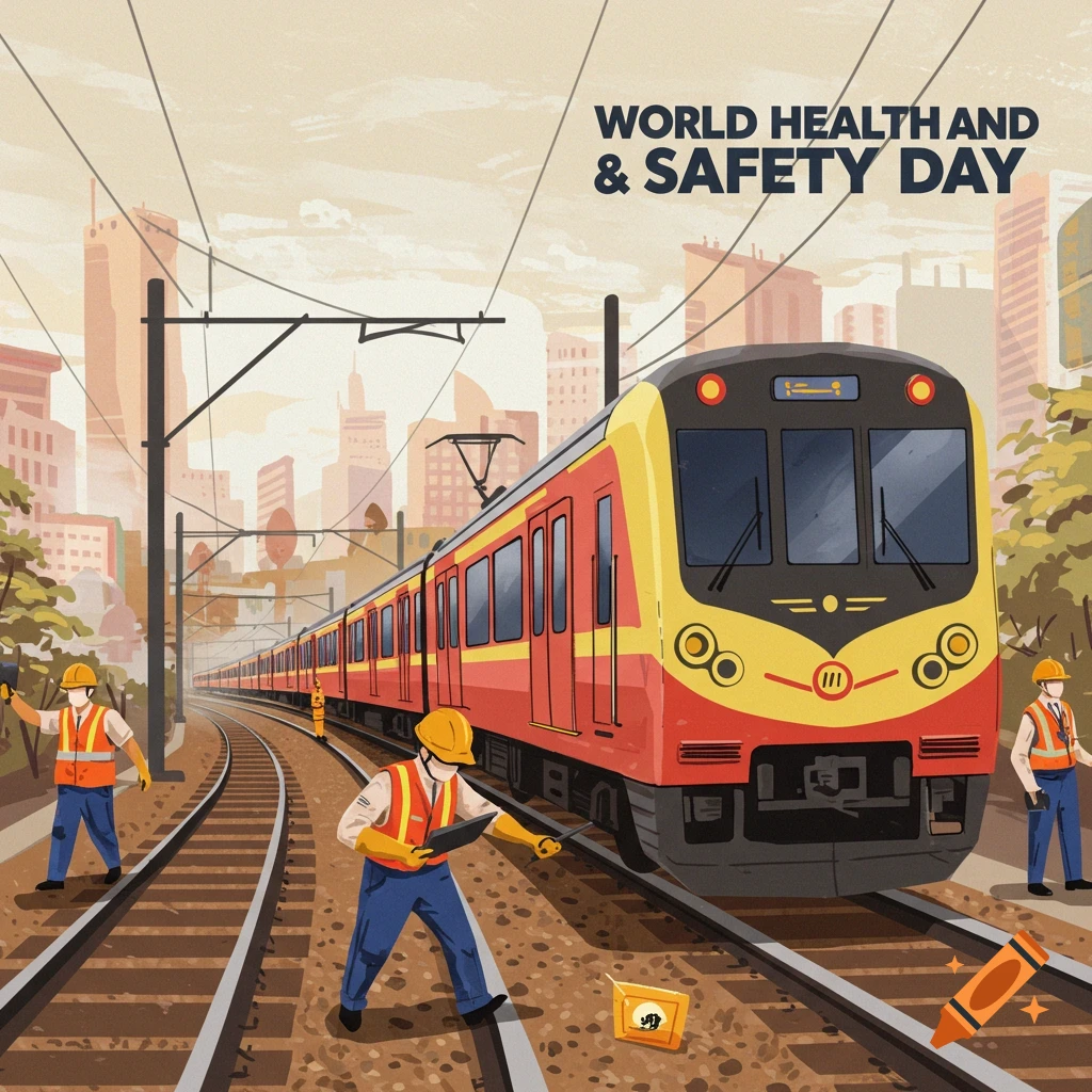 Image of railway workers inspecting tracks beside a train with city background and 'World Health and Safety Day' text.