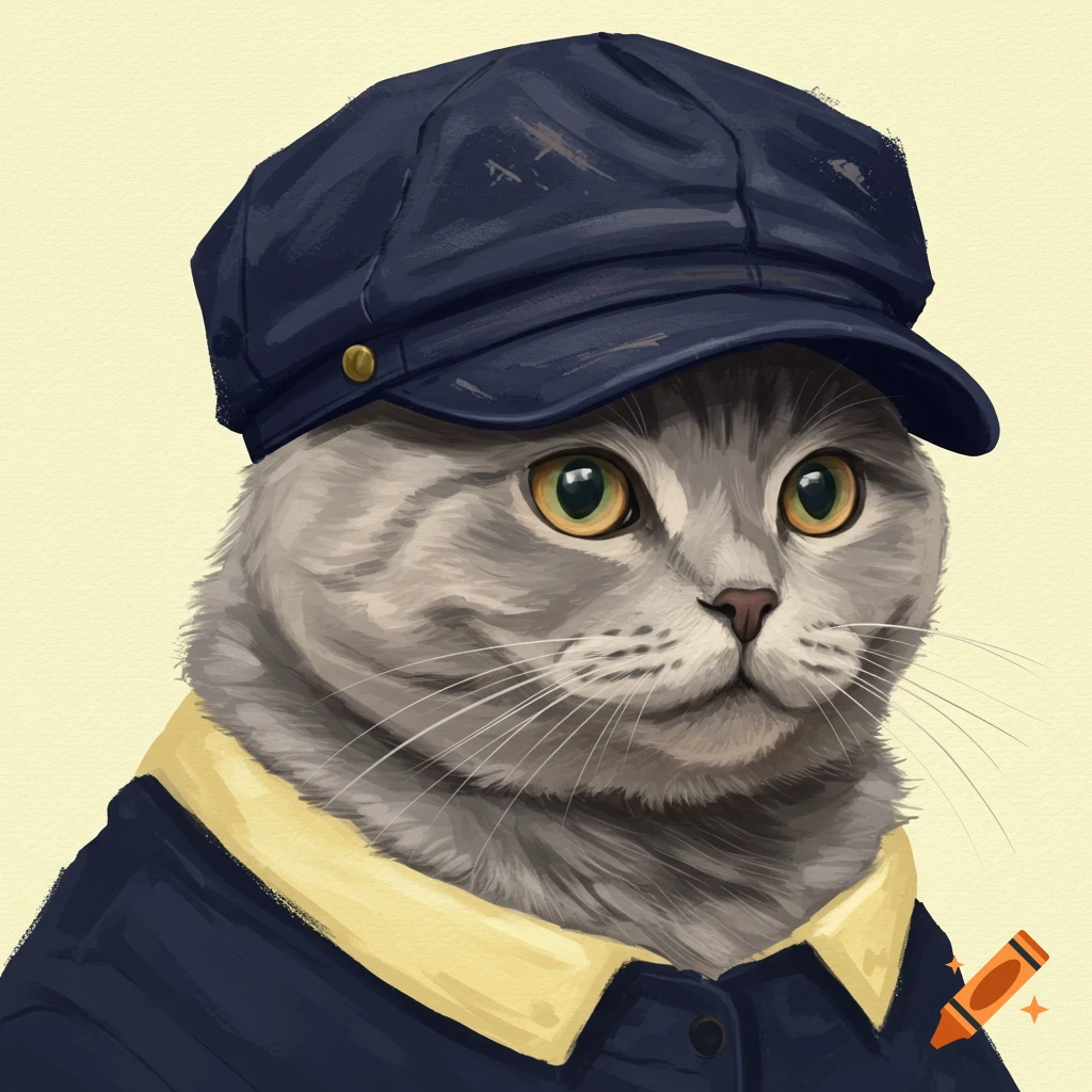 A gray cat wearing a dark blue flat cap and a navy shirt with a yellow collar.