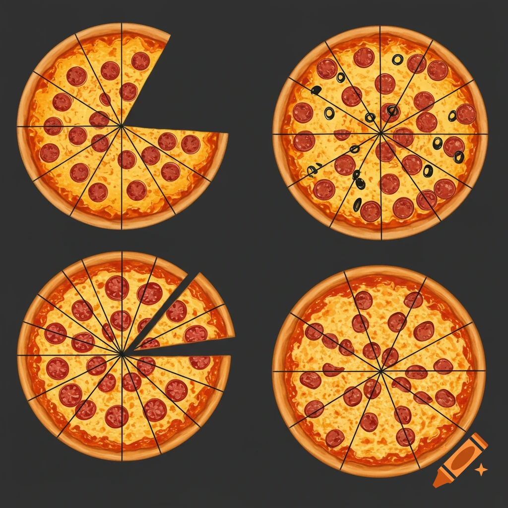 Four illustrated pizzas cut into different numbers of slices against a dark background.