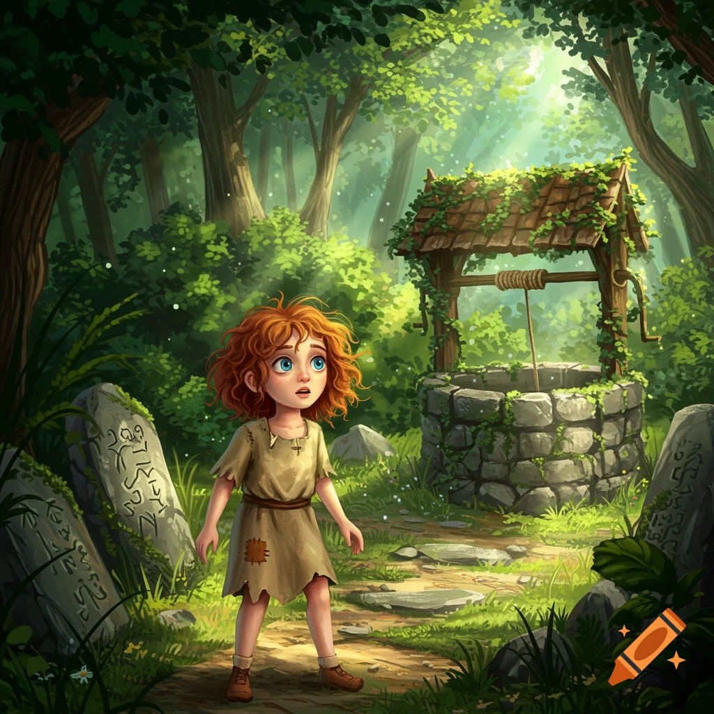 A cartoon girl with red hair and blue eyes stands by an old well in a forest, with ancient stones nearby, in a fairytale style.