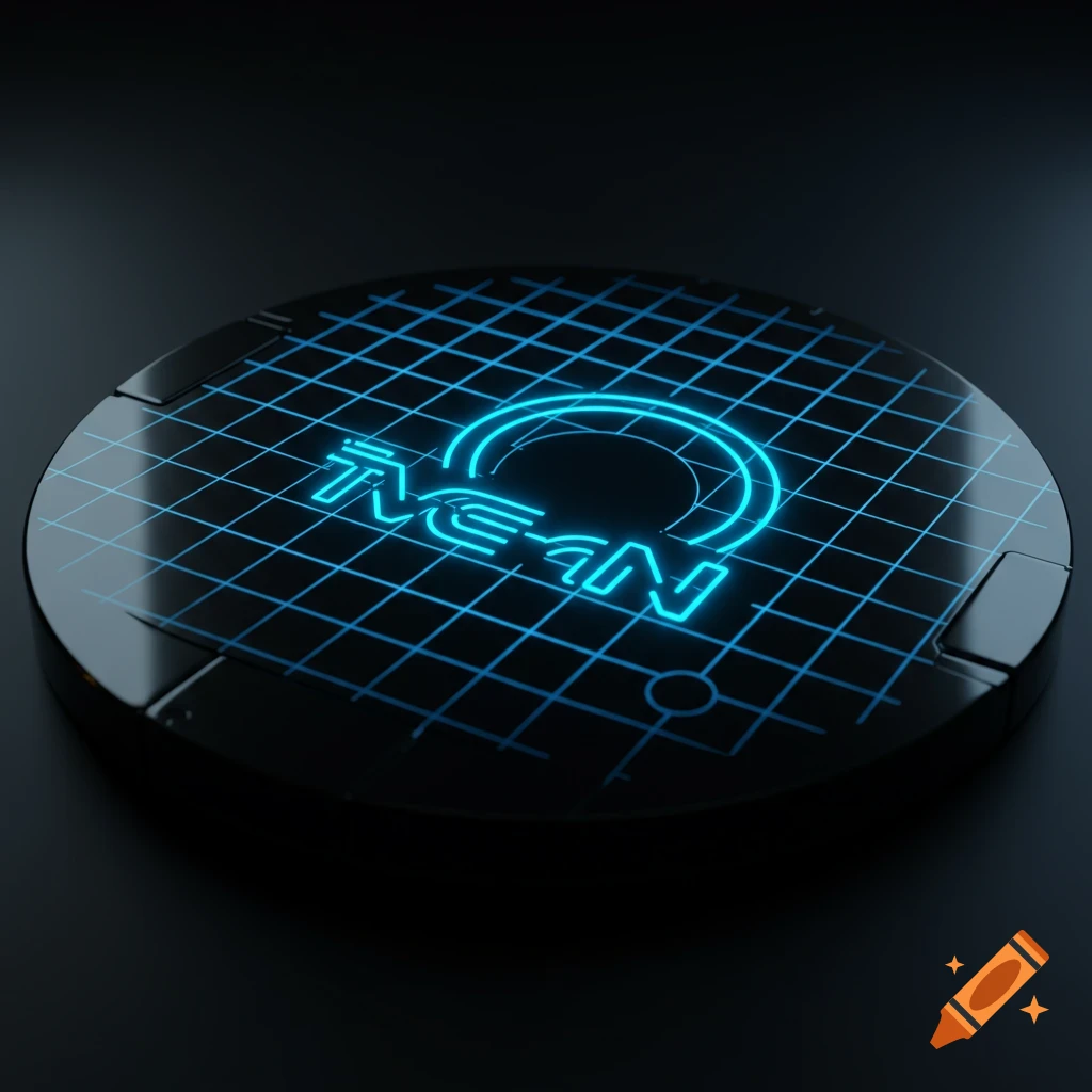 A Tron-style identity disc with blue neon text and grid pattern.