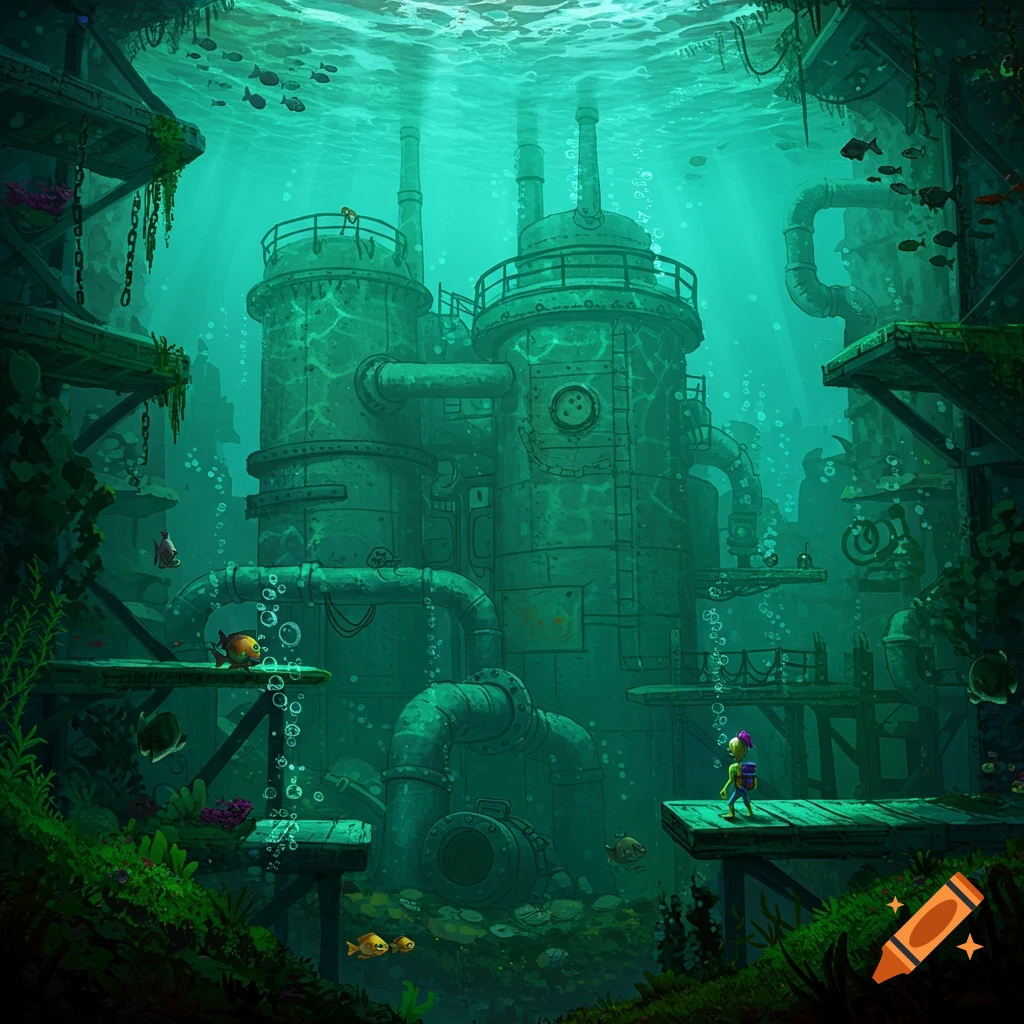 An underwater industrial factory with fish and a diver in rays of light.