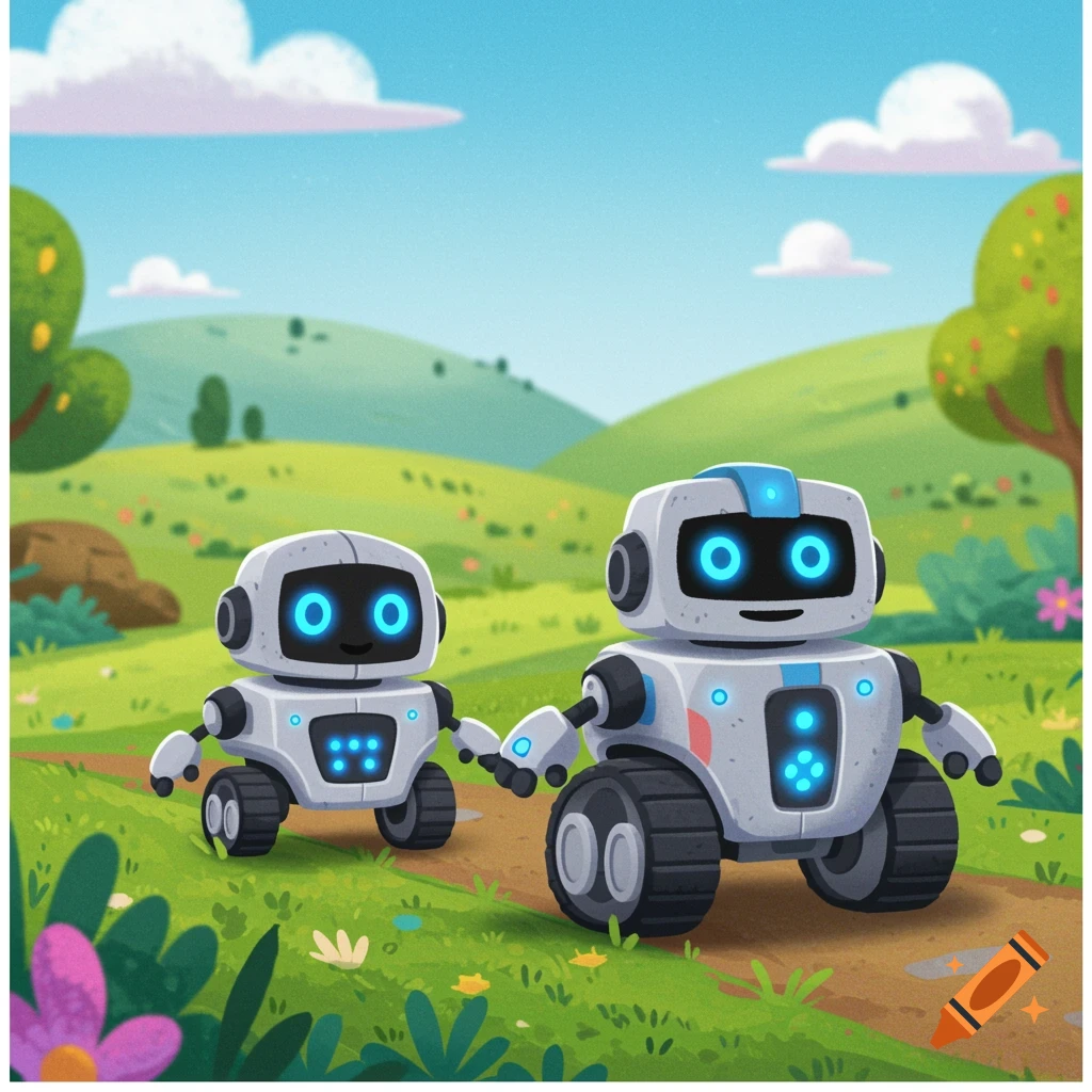 Two cartoon robots, one larger, walk on a path through a green field under a blue sky.