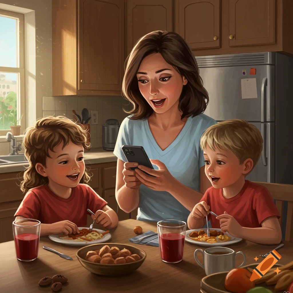 A mother looks at her phone while her two young children eat at a kitchen table.
