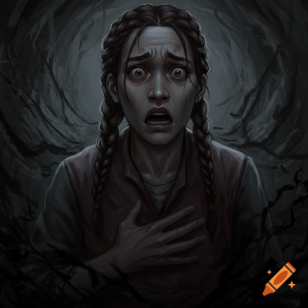 A horrified young woman with braided hair clutching her chest.