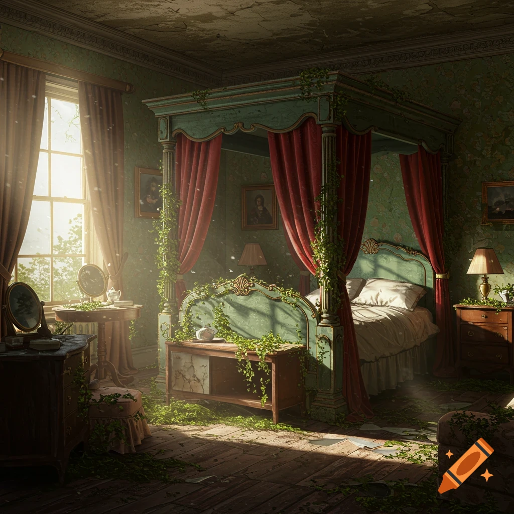 Sunlight streams into an opulent abandoned bedroom overgrown with vines.