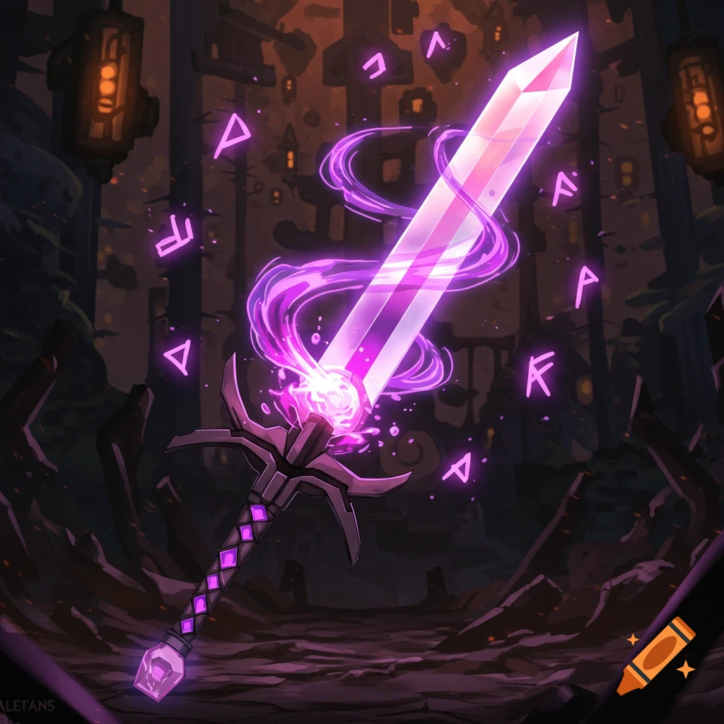 A glowing purple fantasy sword surrounded by runes in a dark ruined city.