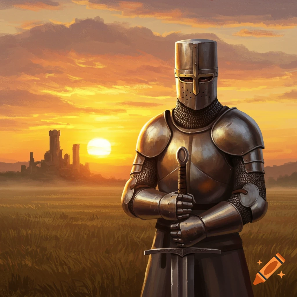A knight in armor holds a sword at sunset with a castle in the background.