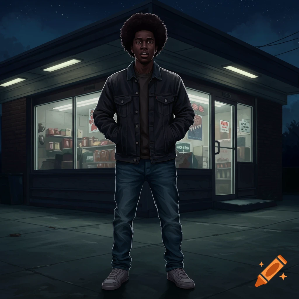 A young black man stands anxiously outside a corner store at night.