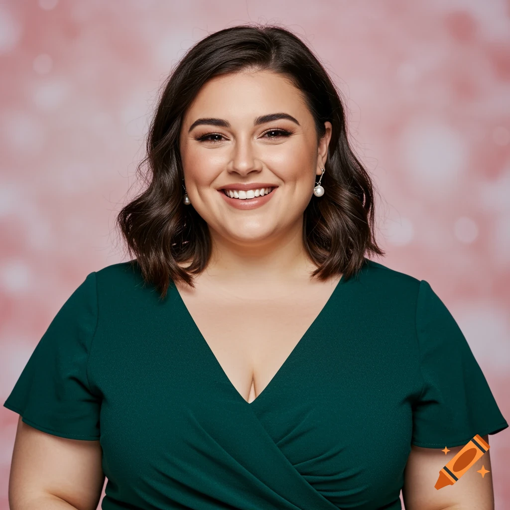 A smiling plus-size woman in a green dress against a pink bokeh background. Photorealistic portrait.