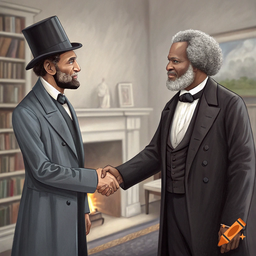 Illustration of Abraham Lincoln shaking hands with Frederick Douglass in a room with a fireplace and bookshelf.