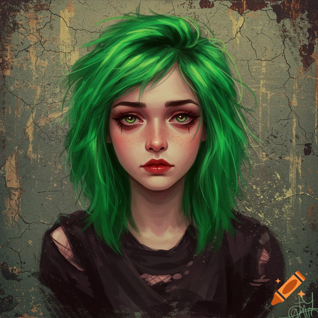 Portrait of a young woman with bright green hair, grunge makeup, against a cracked background.