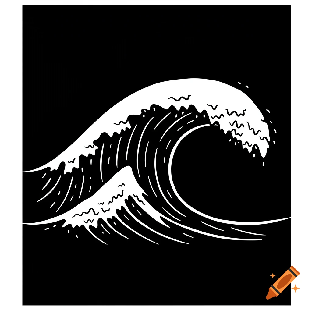 A white outline illustration of a breaking wave on a black background.