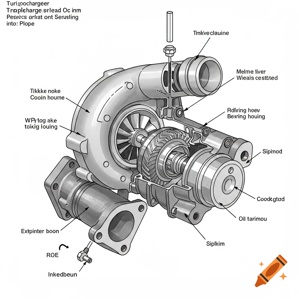 A detailed technical illustration of a turbocharger with many labels pointing to parts.