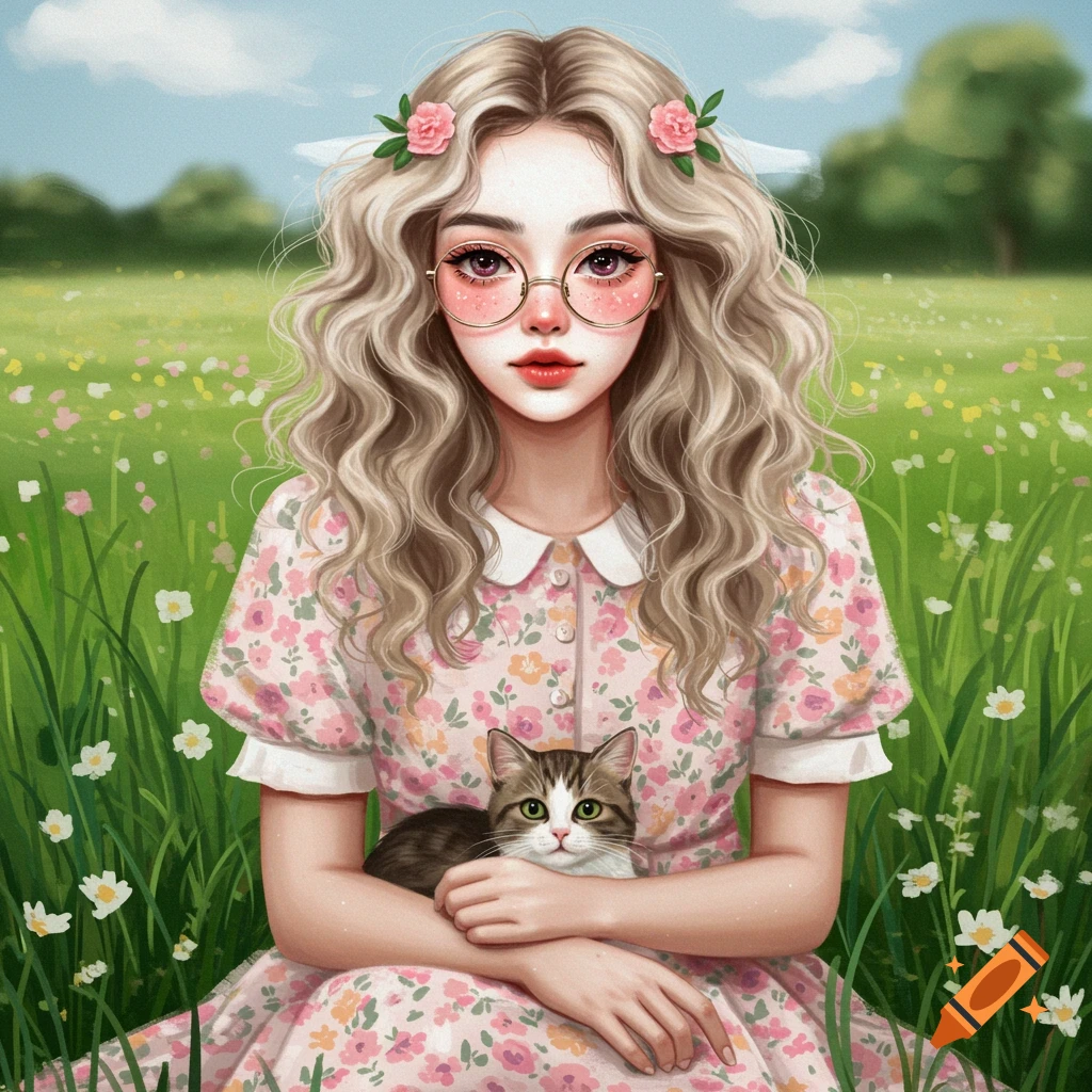 Illustration of a girl sitting in a field with a cat on her lap
