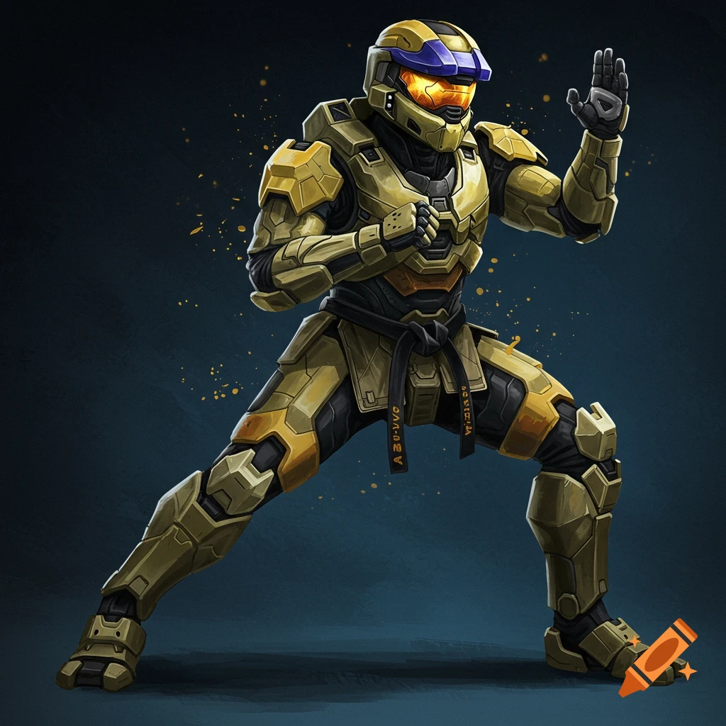 A Halo character in yellow armor and a black belt stands in a martial arts pose.