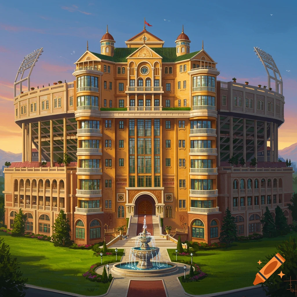 A grand mansion converted from a football stadium, with a large fountain in front.
