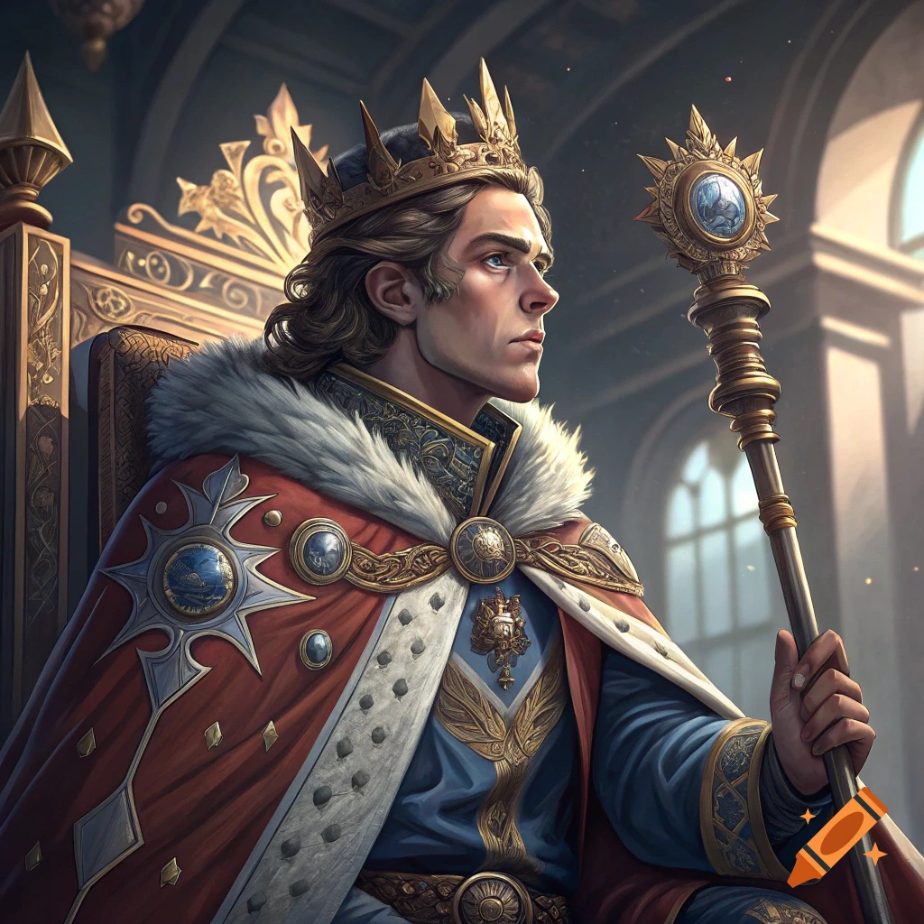 A king sits on a golden throne in a grand hall, holding a scepter.