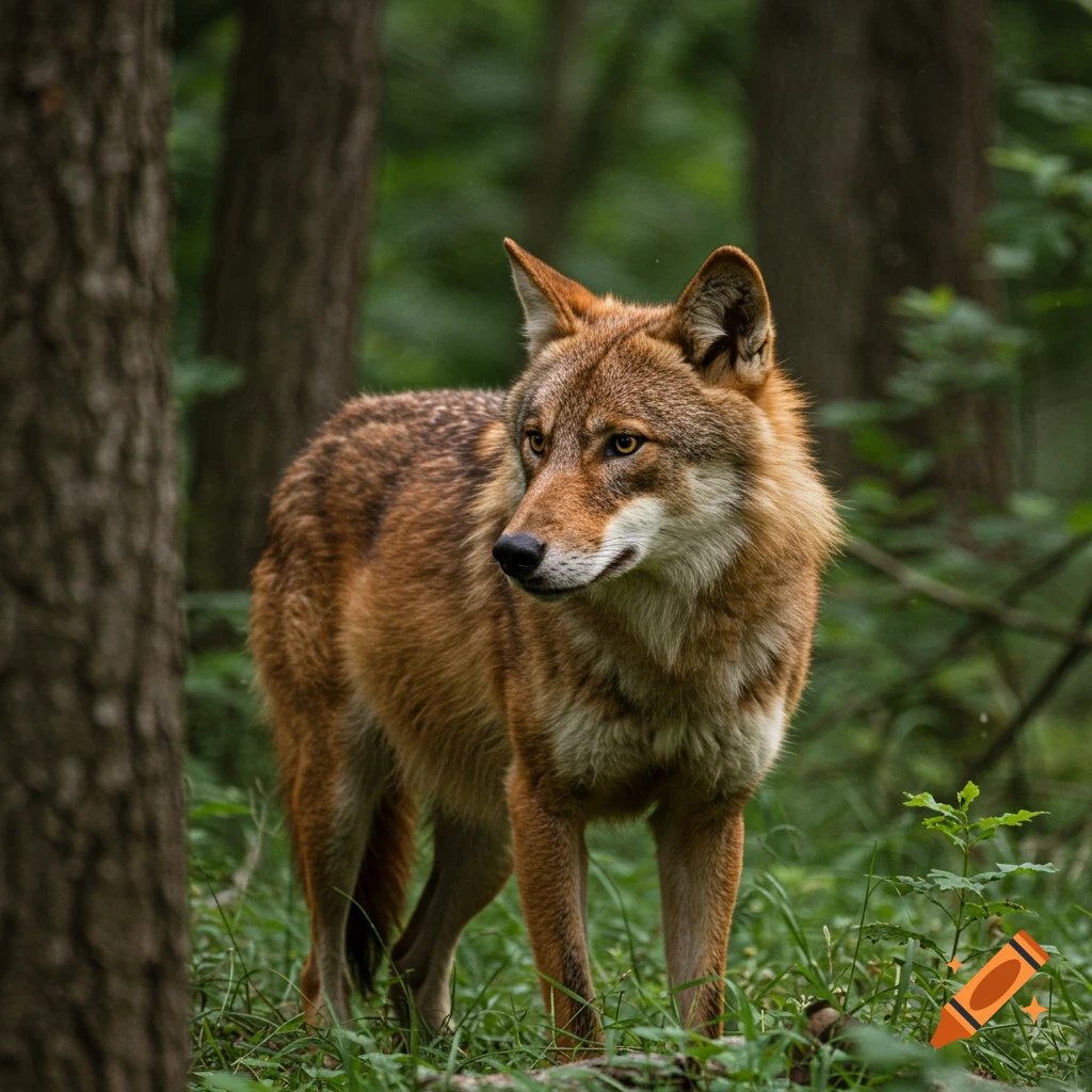 A red wolf stands in a forest.