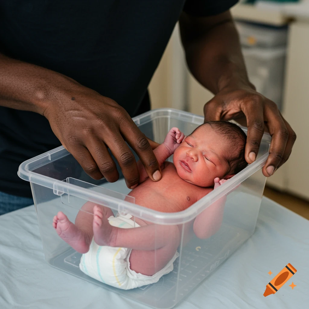 A dark-skinned man gently places a newborn baby wearing a diaper into a clear plastic container.