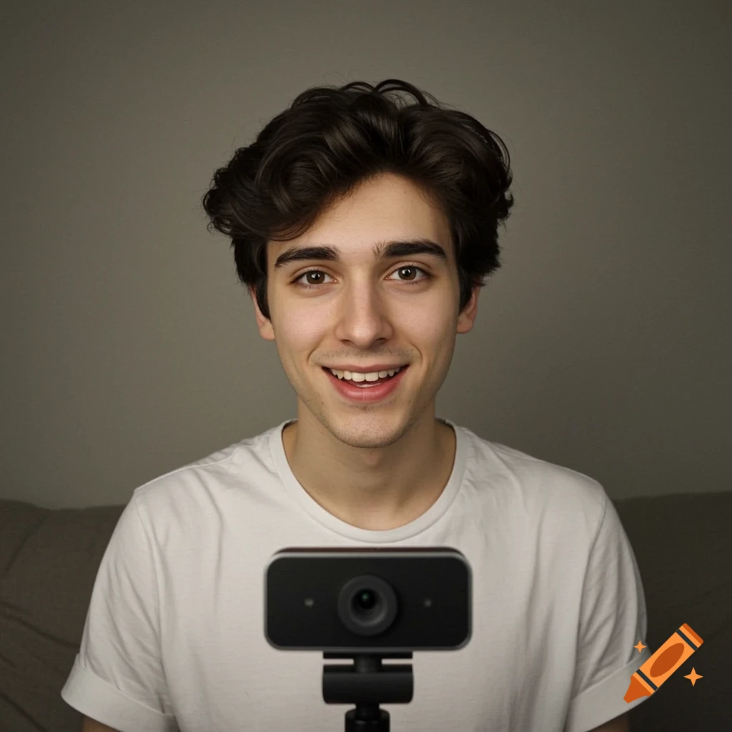 A young man smiling into a webcam