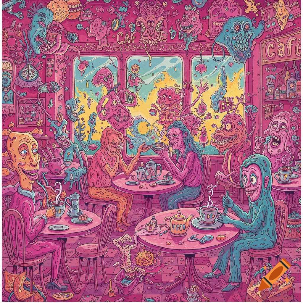 Psychedelic image of distorted creatures or people sitting at tables in a cafe.