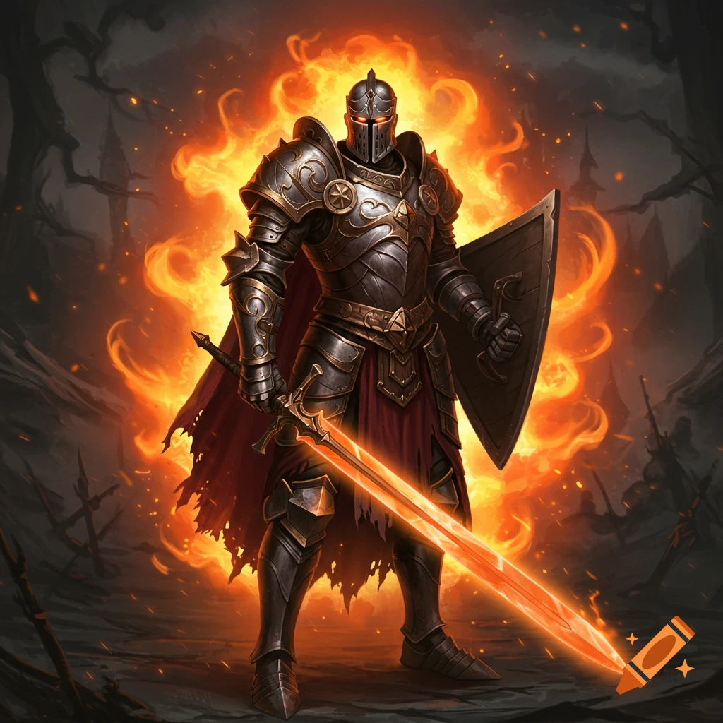 An RPG knight in dark armor surrounded by orange fire, holding a glowing sword and shield.