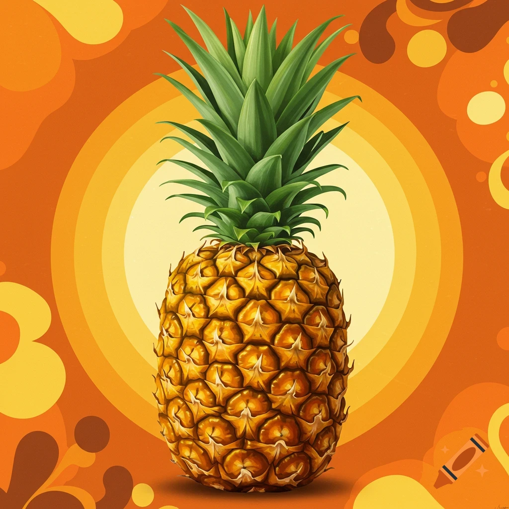 A pineapple against a vibrant background of orange and yellow 70s patterns.