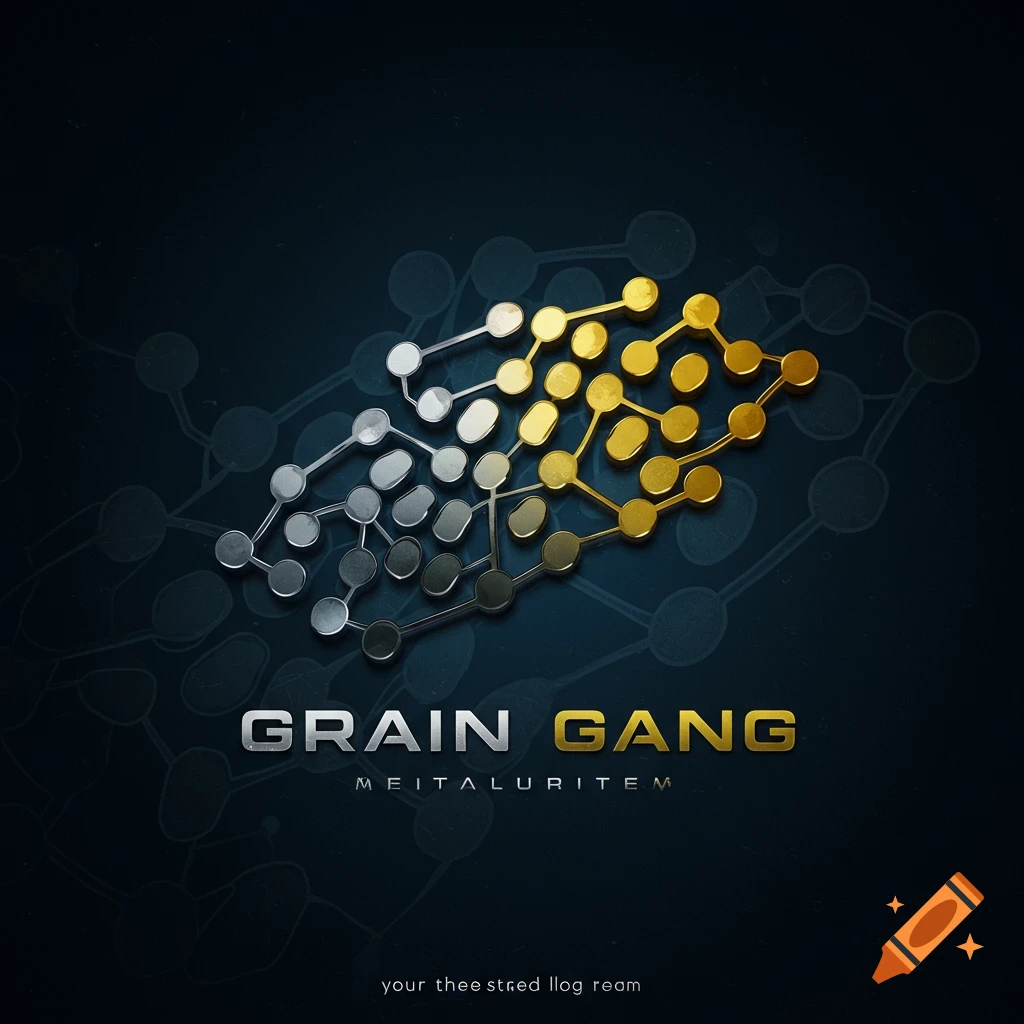 A logo with silver and gold abstract metallic shapes and the text GRAIN GANG.