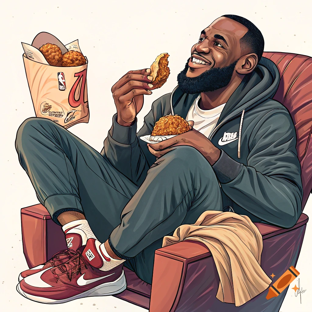 Stylized illustration of LeBron James sitting in a chair, eating fried chicken from a bag.