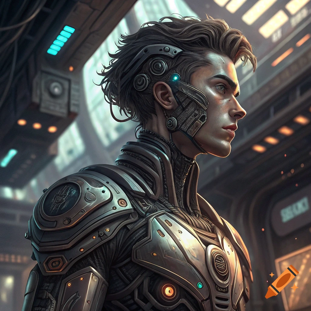 Portrait of a person with robotic enhancements in a futuristic setting.