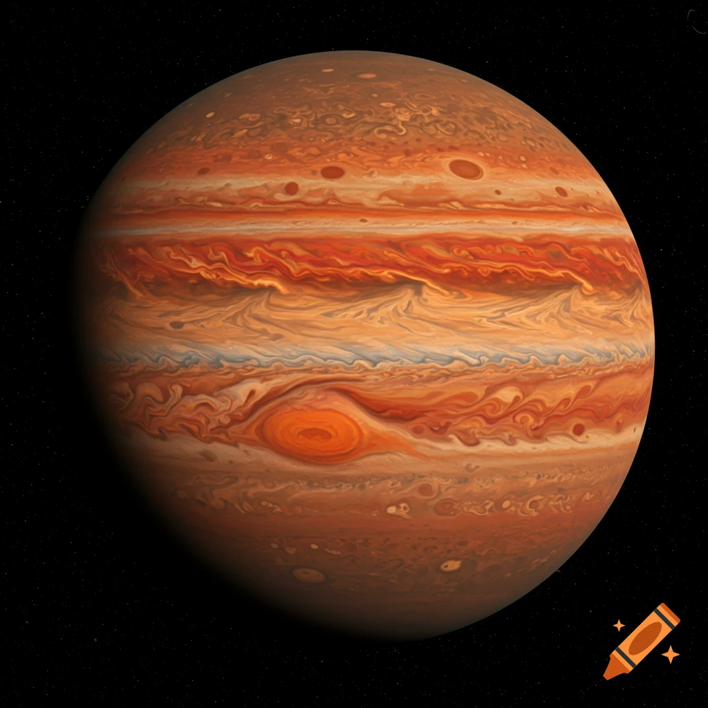 A depiction of Jupiter showing its swirling storms and Great Red Spot against a starfield.