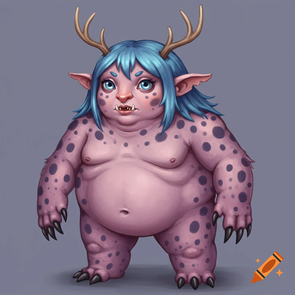 A fat, pink monster with purple polka dots, blue hair, antlers, fangs, and claws.