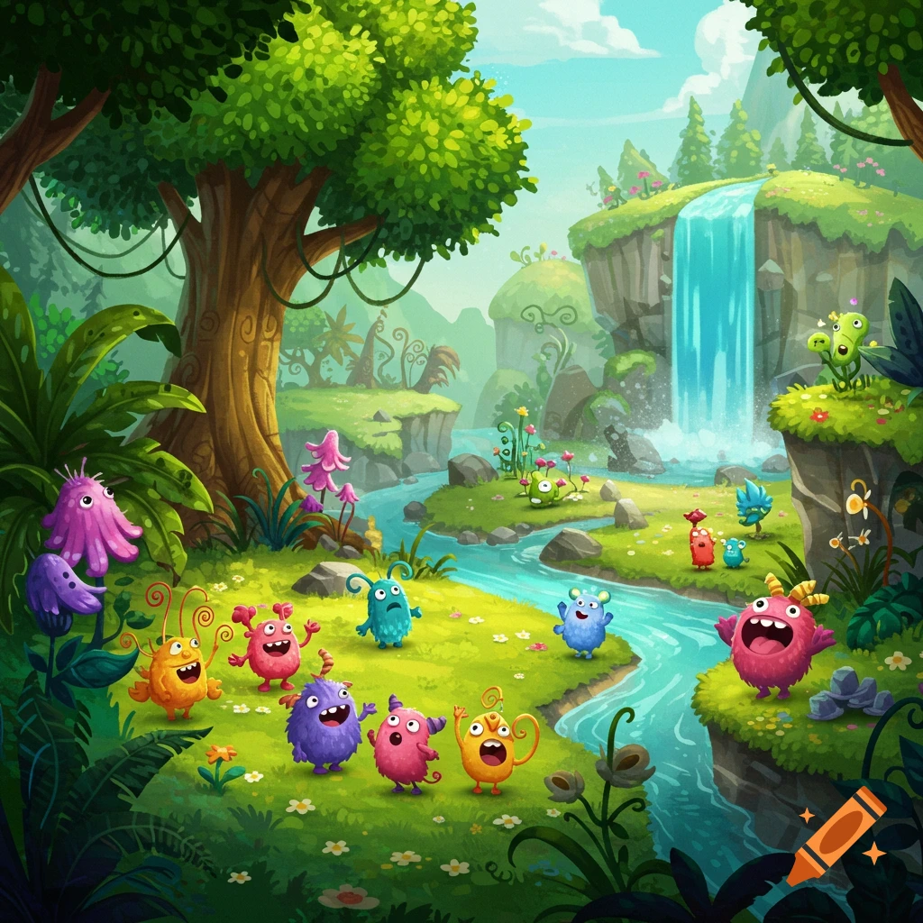 Colorful cartoon monsters in a vibrant jungle landscape with a river and waterfall