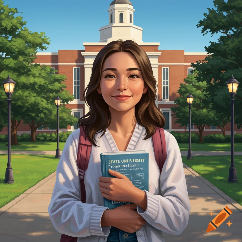 A young woman with a backpack holding a book stands in front of a university building.