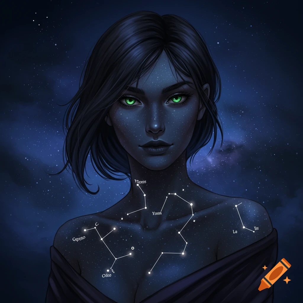 A woman with constellations mapped on her body against a starry sky.