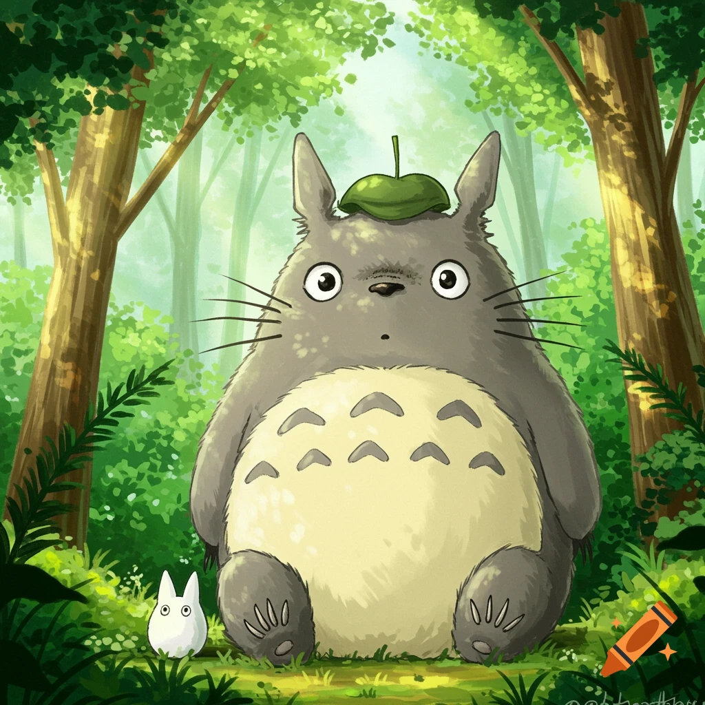 Totoro sits in a forest with a leaf on his head next to a small white creature.