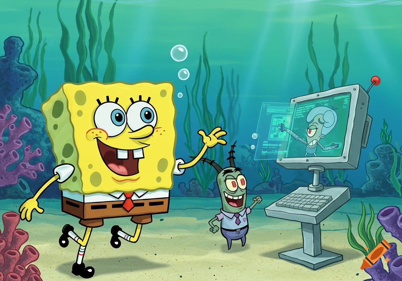 Spongebob and Plankton look at Karen the computer screen underwater