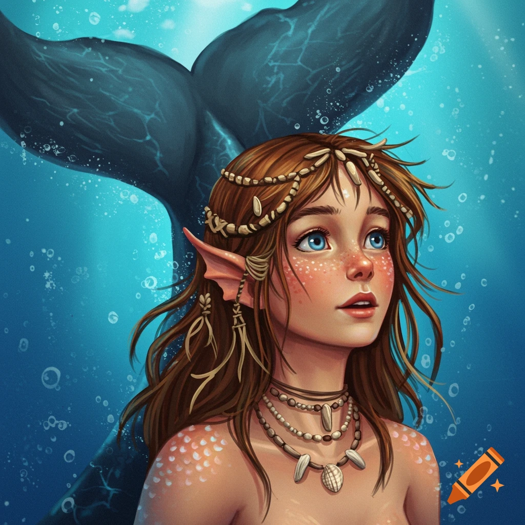 A young mermaid looking up underwater with a whale tail behind her.