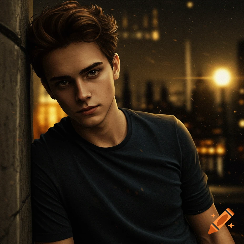 A young man is leaning against a wall at night.