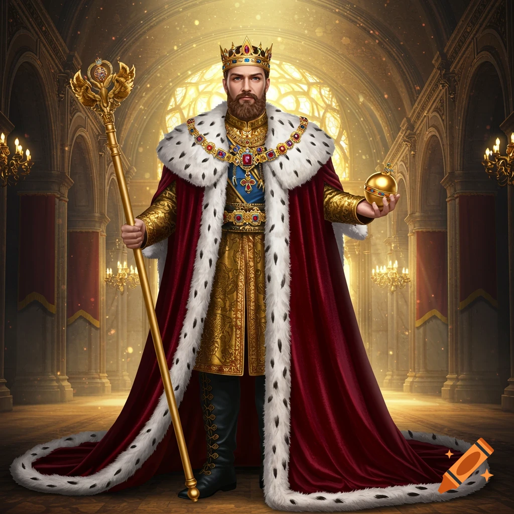 A king in elaborate robes, holding a scepter and orb, stands in a grand hall.
