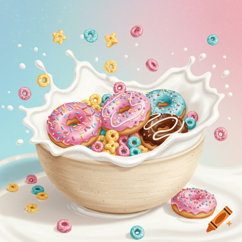 Colorful donuts and cereal splashing into a bowl of milk, illustration.
