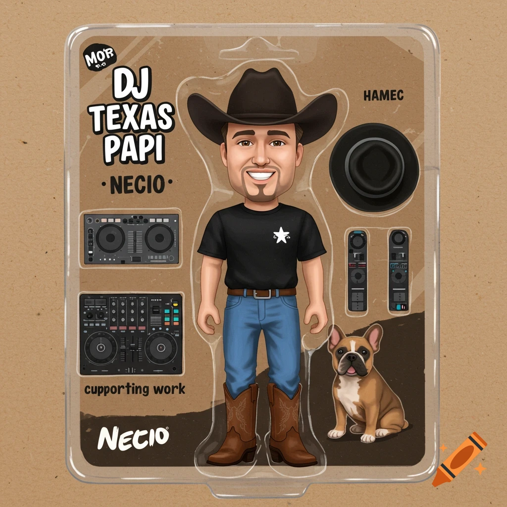 Cartoon action figure of a DJ in toy packaging with a dog and equipment.